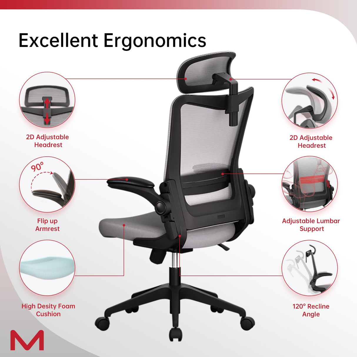 Motostuhl C6 Ergonomic Office Chair Office Desk Chair with Lumbar Support 2D Headrest Flip Up 4D Armrest 120° Rocking Mesh Computer Chair Office Chairs for Office Home Office Conference Room Usage