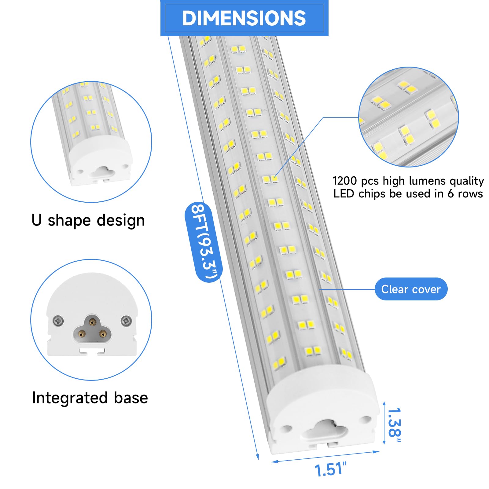 8FT U-Shape LED Ceiling Light - 125W 20000LM 6500K Bright White (6-Pack)