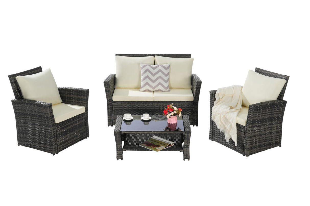 4 Pieces Outdoor Patio Furniture Set with Rattan Chairs and Tempered Glass Table