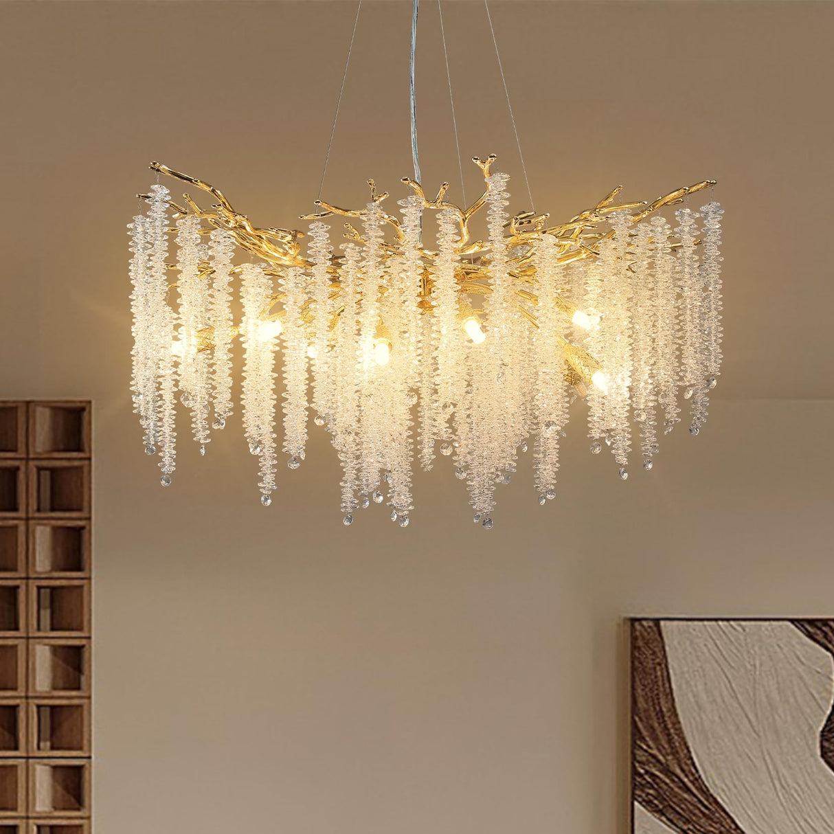 Modern Crystal Chandeliers for Dining Room, Gold Round Tree Branches Chandelier,