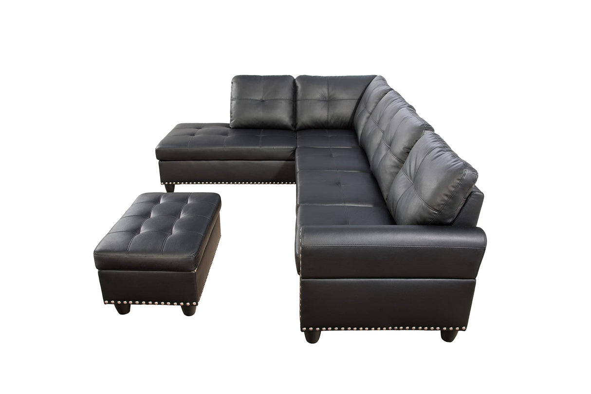 Faux Leather L-Shaped Sectional Sofa with Storage Ottoman, Nailhead Rivet Hemming