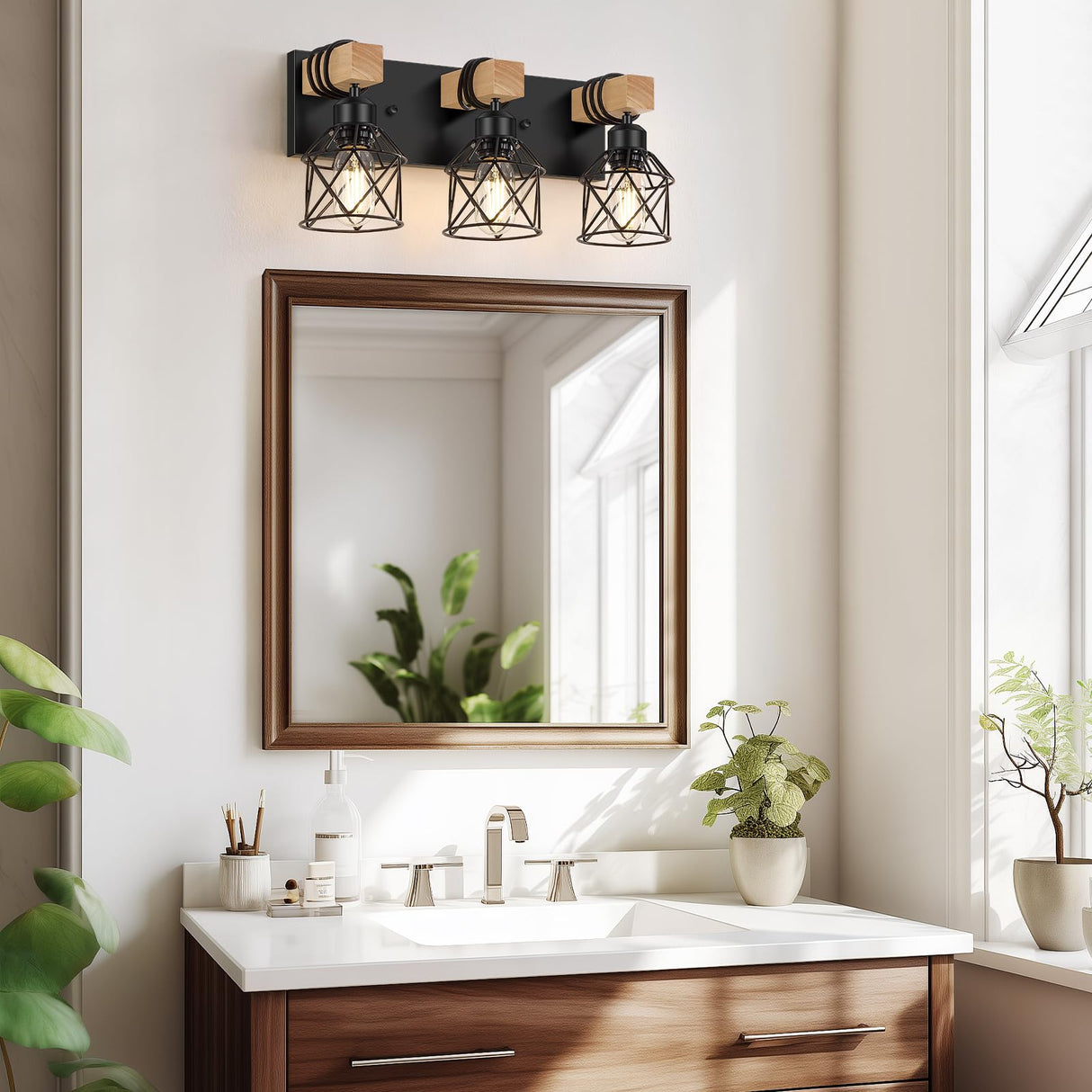 3-Light Farmhouse Vanity Light for Bathroom, Wood Bathroom Light Fixtures Over Mirror