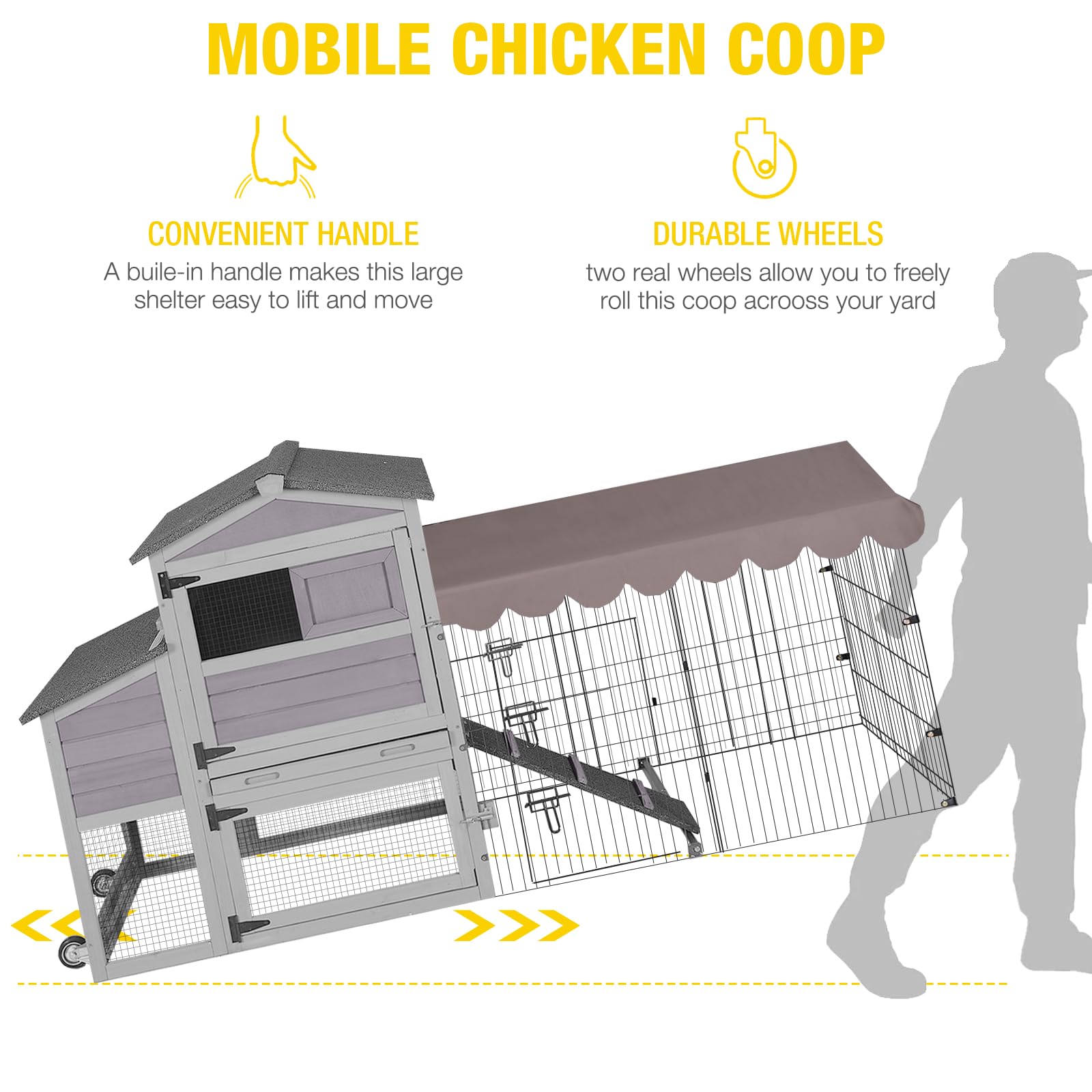 Aivituvin Chicken Coop Mobile with Metal Chicken Run Outdoor Hen House Chicken Tractor with Wheels