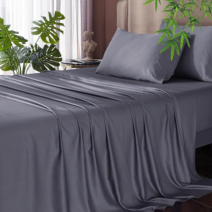 Grey Sheets Queen- Rayon Derived from Bamboo, Silk Soft Breathable No Sweat Cooling Sheets for Hot Sleepers,