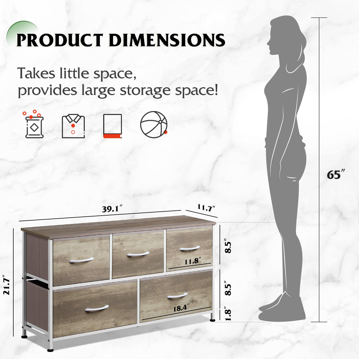 Dresser for Bedroom with 5 Drawers, Wide Chest of Drawers, Fabric Dresser,