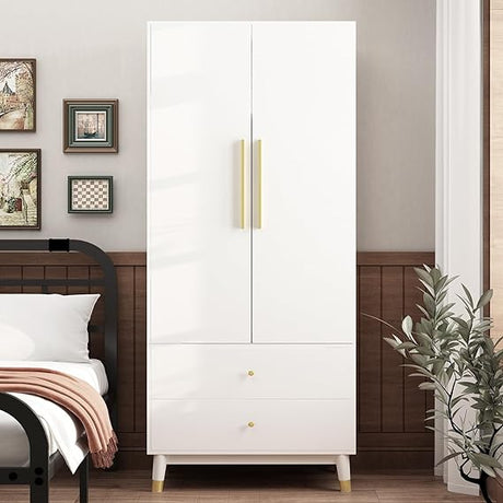 Wardrobe Armoire Closet with 2 Doors, Wooden Wardrobe Cabinet with 2 Drawers