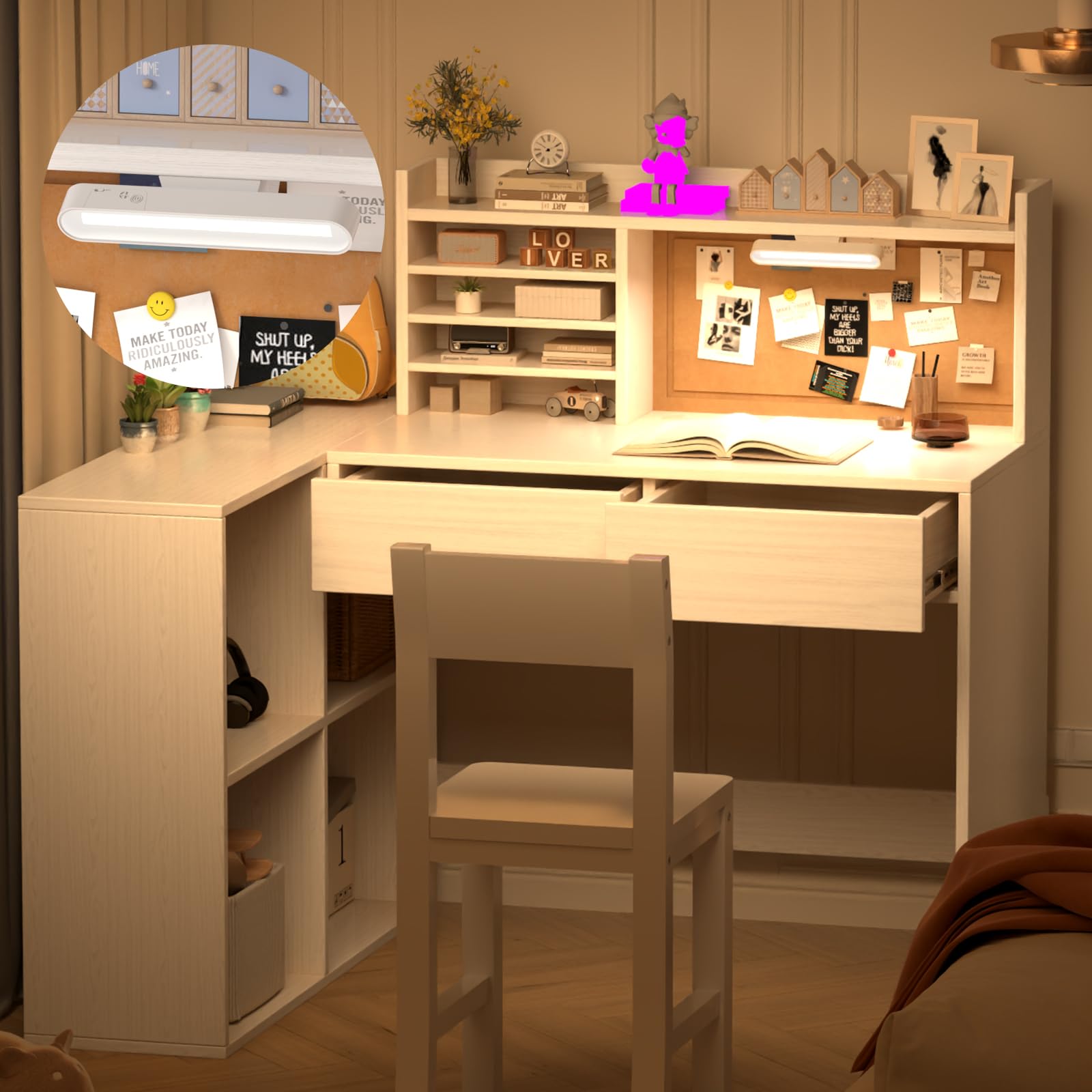 Kids Study Desk with 3-Color Lights,with Drawers and Shelves,KidsDesk with Bulletin Board, 41in*31in White Kids Desk and Chair Set for 5-12 Year Old, Kids Corner Desk and Chair set-ra40