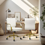 Leather Mid-Back Office Chair with Golden Accents - White