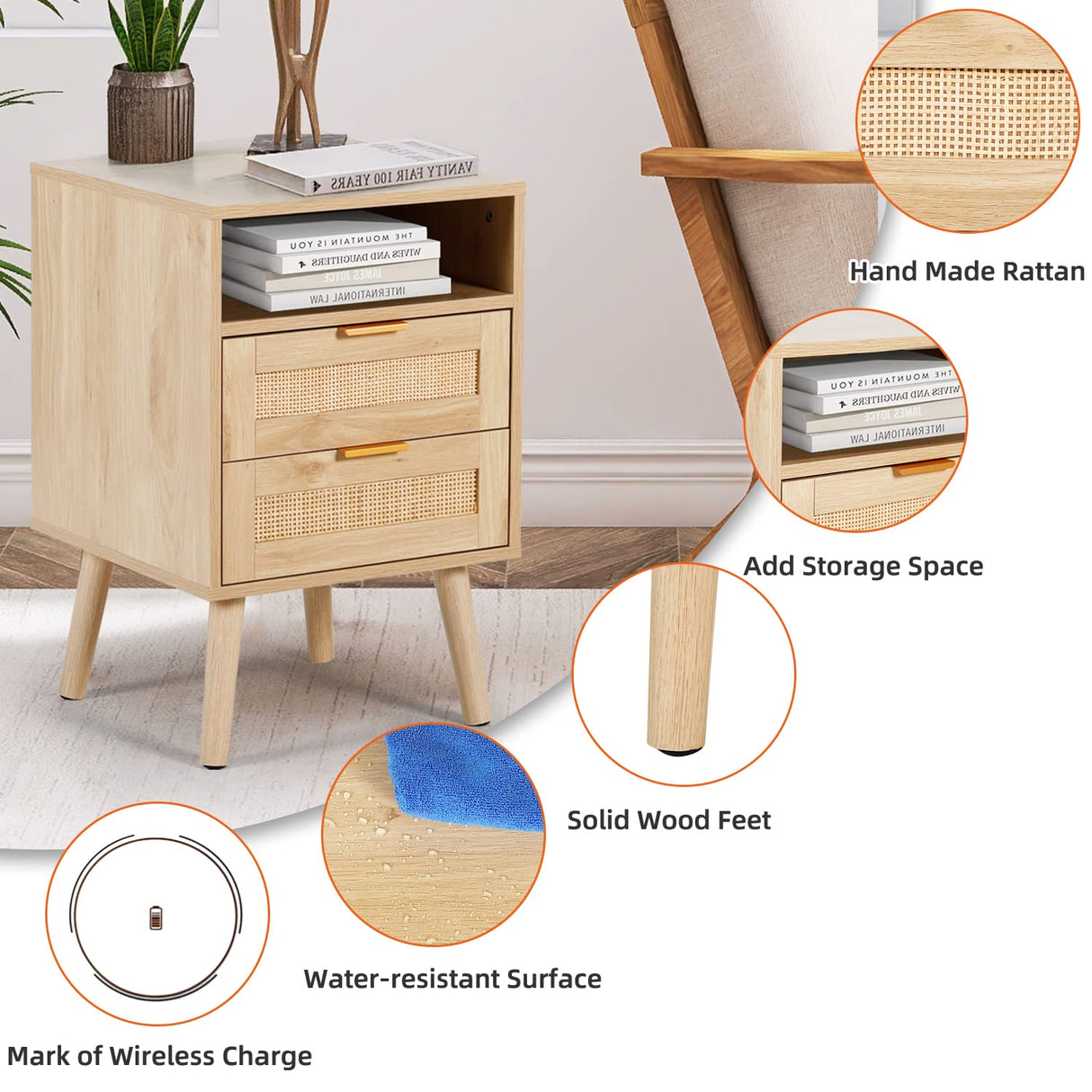 Rattan Nightstands Set of 2 with Wireless Charging Station Modern Bedside Tables with