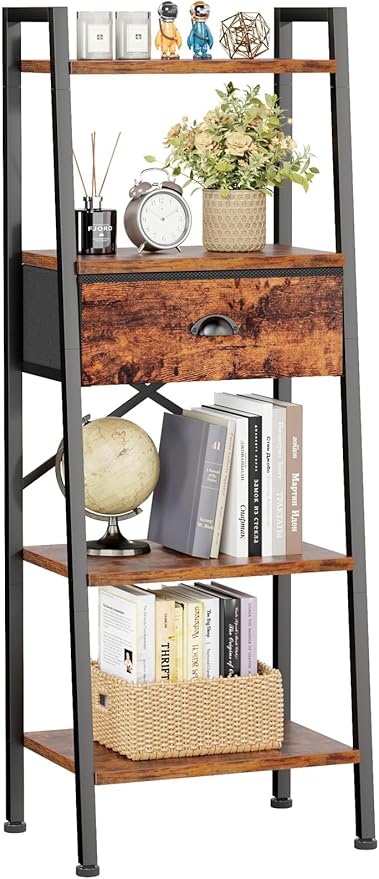 5 Tier Ladder Shelf with Drawer, Tall Bookshelf Storage Shelves, Bookcase Standing Shelf