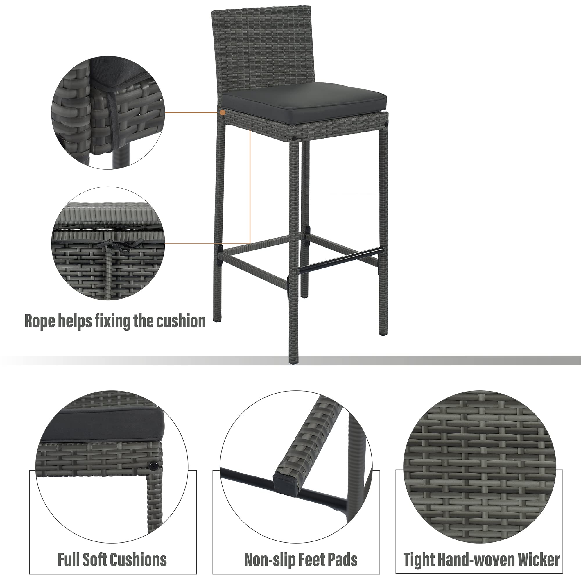 5 Piece Patio Wicker Bar Set, 4 Bar Height Chairs With Non-Slip Feet And Fixed Rope, Outdoor Garden PE Rattan Wicker Bar Set, Modern Patio Dining Set, Acacia Wood Table Top, Brown Wood And Gray Wicker