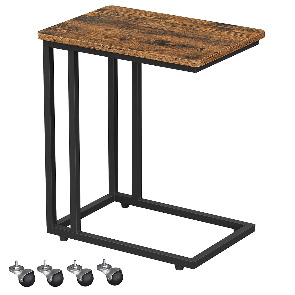 Table, C Shaped TV Tray with Metal Frame Rolling Casters, Industrial Side Table