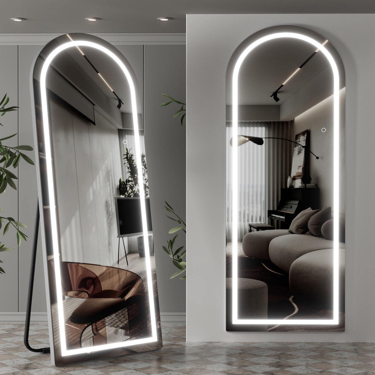 65"x22" Arched Full Length Mirror with Lights, LED Mirror Full Length with Stands