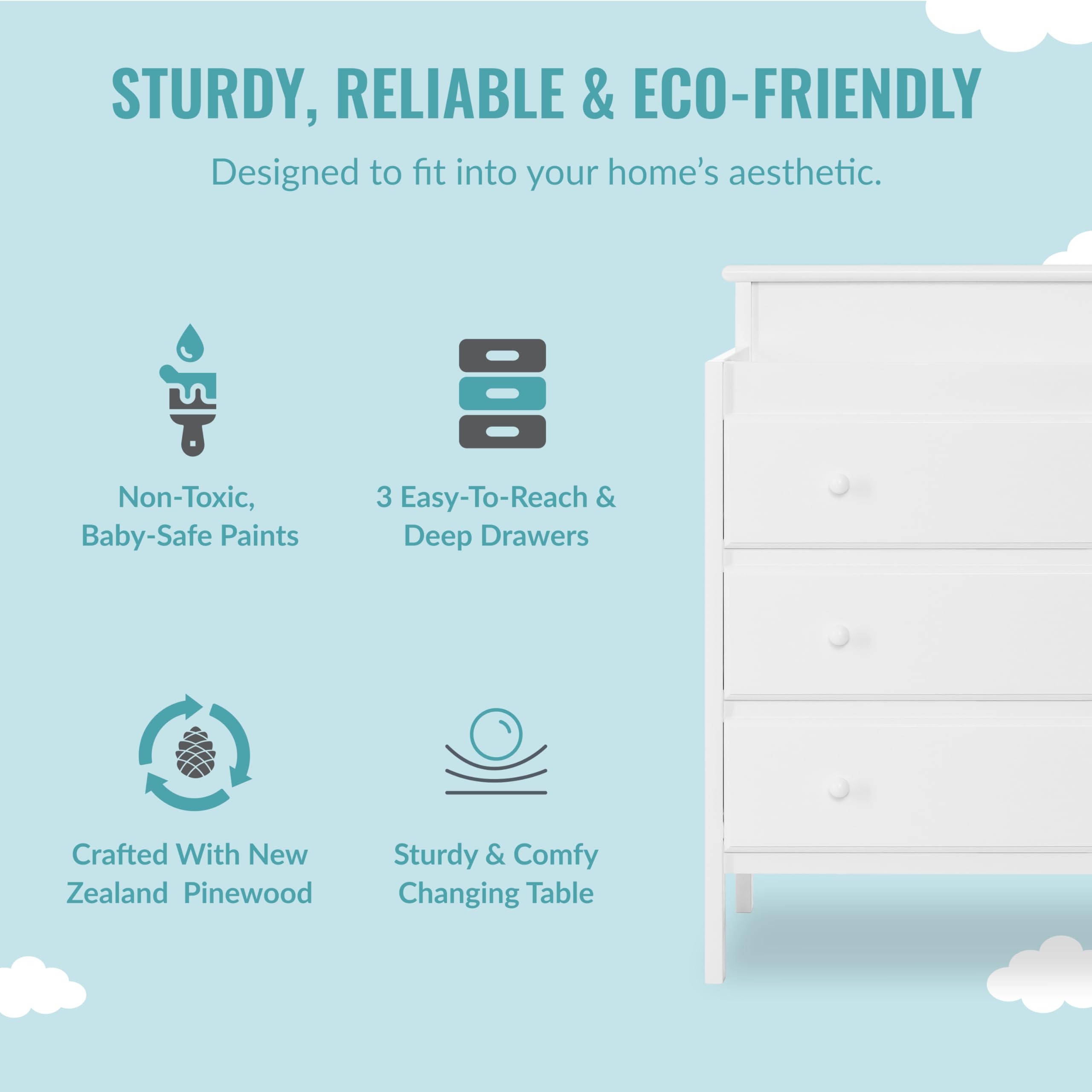 Mason Modern Changing Table with Free Changing Pad in White, Three Spacious Drawers