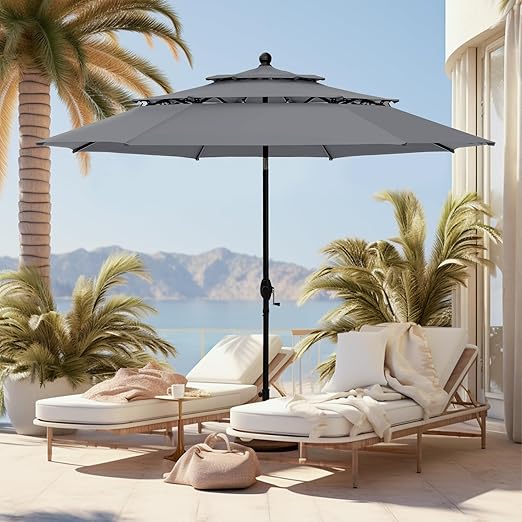 Outdoor Patio Umbrella, Auto-Tilt Market Table Umbrellas with Crank, 8 Sturdy Ribs & 1.5"