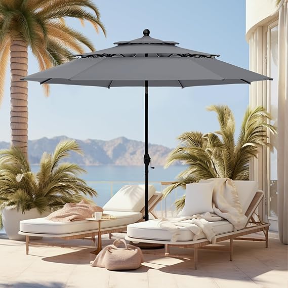 10ft Outdoor Patio Umbrella, Auto-Tilt Market Table Umbrellas with Crank