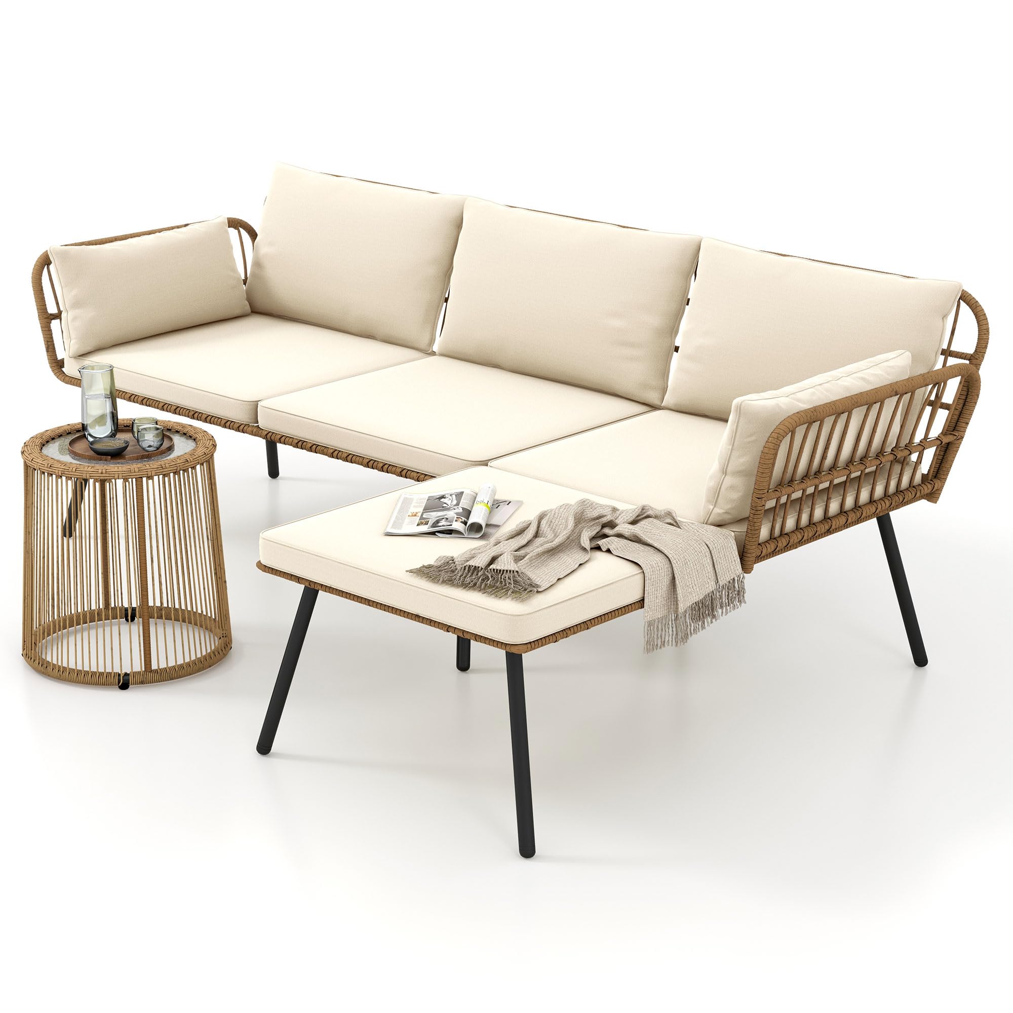 3 Pieces Patio Furniture Set, Wicker Conversation Sectional Sofa, L-Shaped Sofa