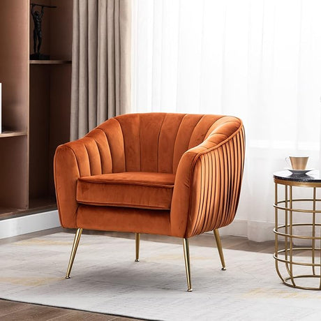 Artechworks Velvet ModernTub Barrel Arm Chair Upholstered Tufted with Golden Legs Accent Club Chair for Living Reading Room Bedroom, Caramel Color Orange