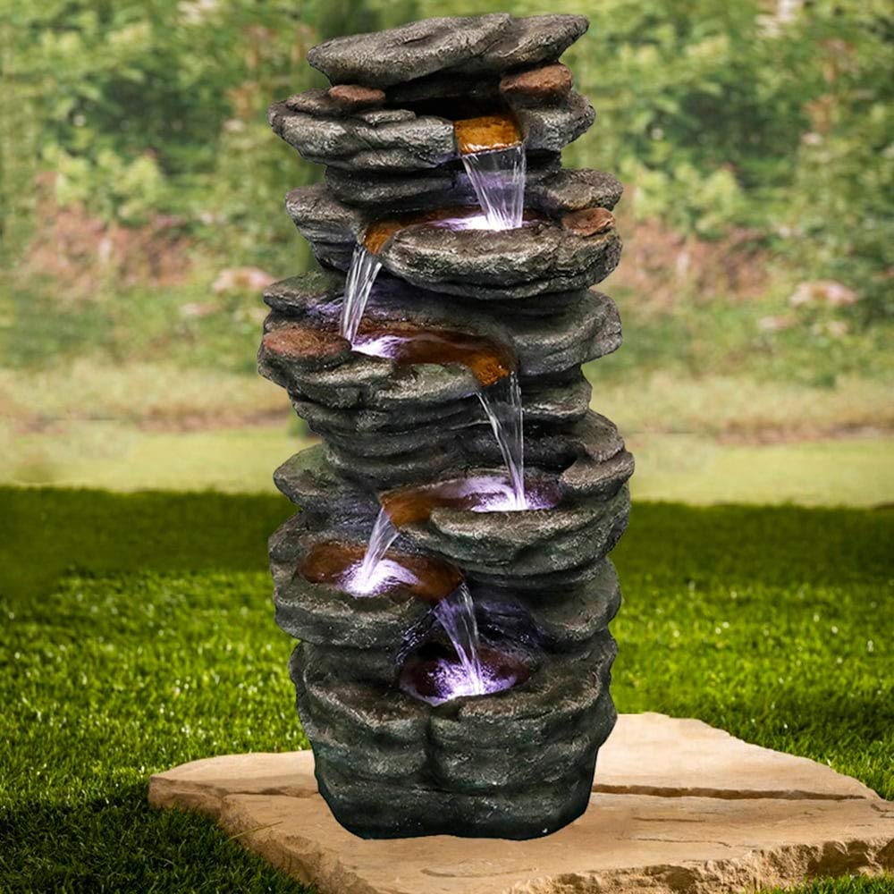 40-inch Tired Outdoor Rock Water Fountain Cascading Waterfall W/Light Grey Modern