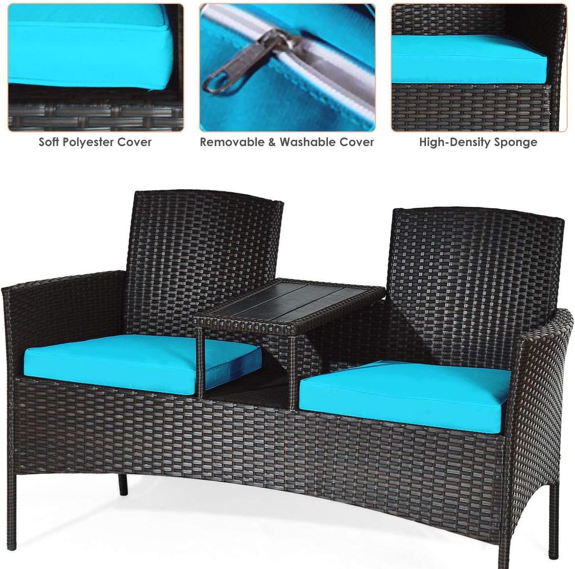 Outdoor Rattan Loveseat, Patio Conversation Set with Cushions & Table