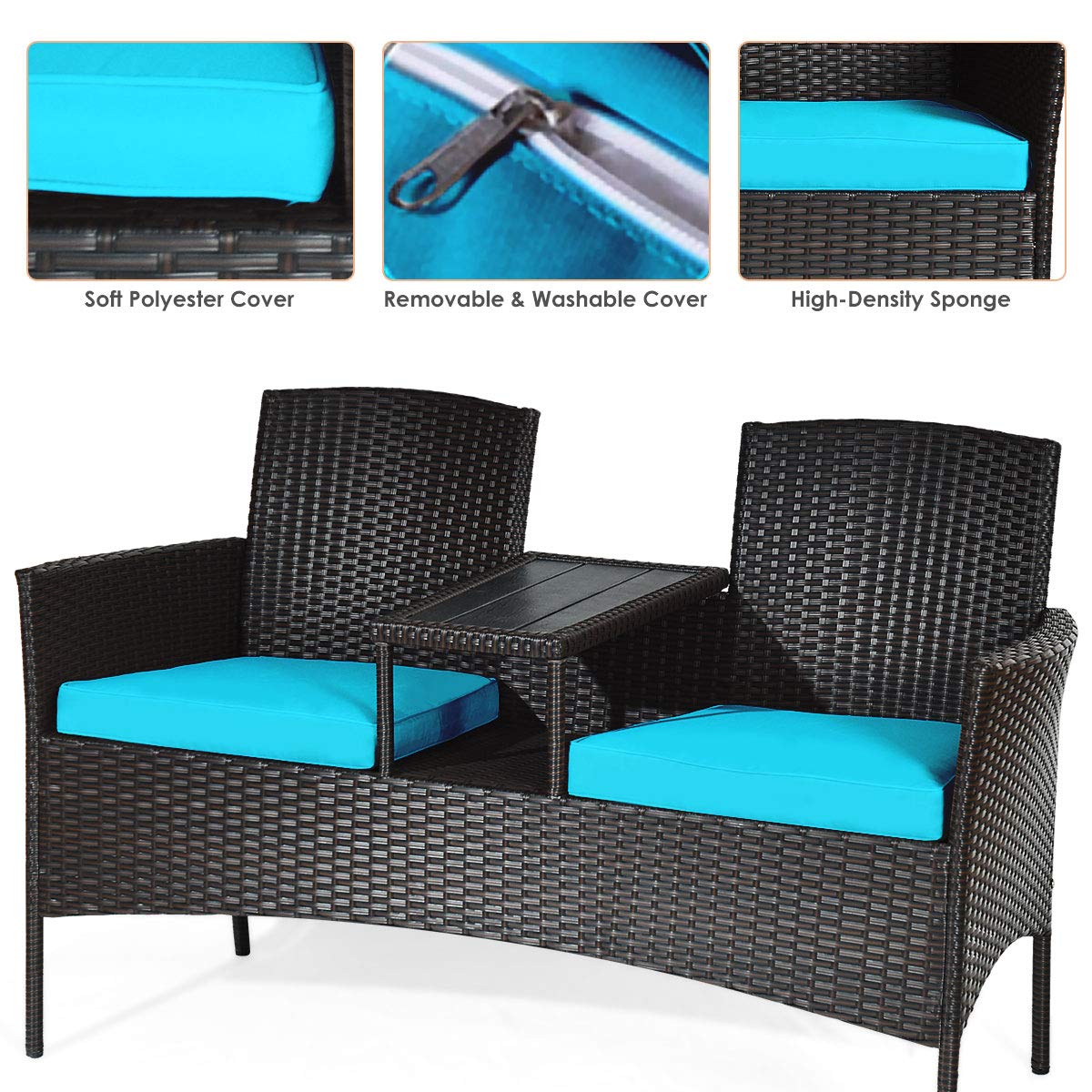 Outdoor Rattan Loveseat, Patio Conversation Set with Cushions & Table