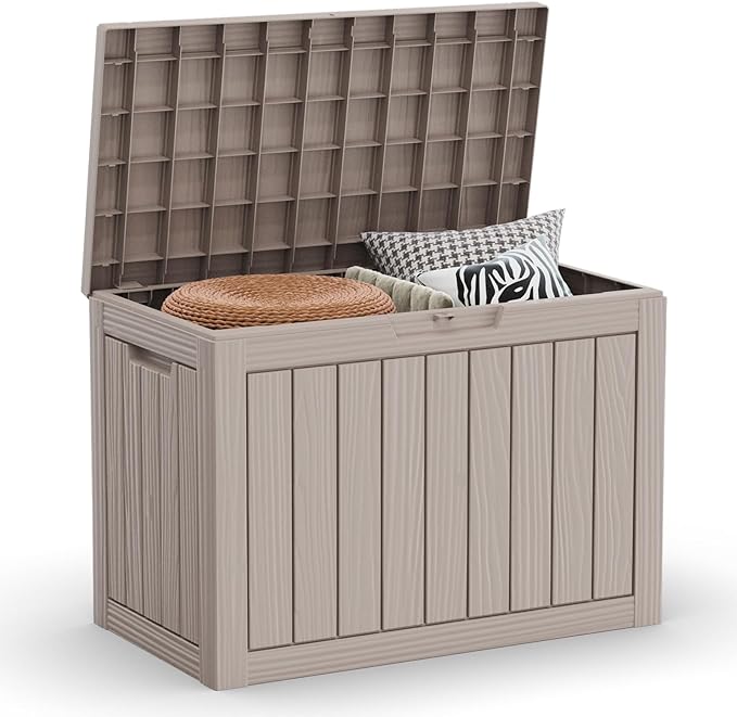 EasyUp 150 Gallon Outdoor Storage Box, Resin Waterproof UV-Resistant Deck Box with Hydraulic Lid Support, Reinforced Stability for Patio, Garden, and Poolside, Striped Black