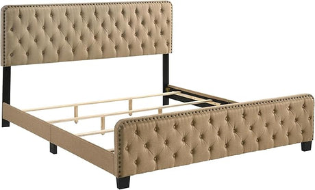 Keanu Transitional Button Tufted Fabric Upholstered Bed with Nailhead Trim