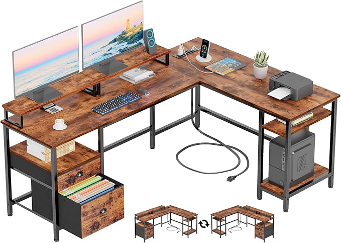 White 66" L Shaped Desk with Shelves, Reversible Corner Computer Desk with File Drawer & Dual Monitor Stand, Large Home Office Desk Writing Study Gaming Table Workstation