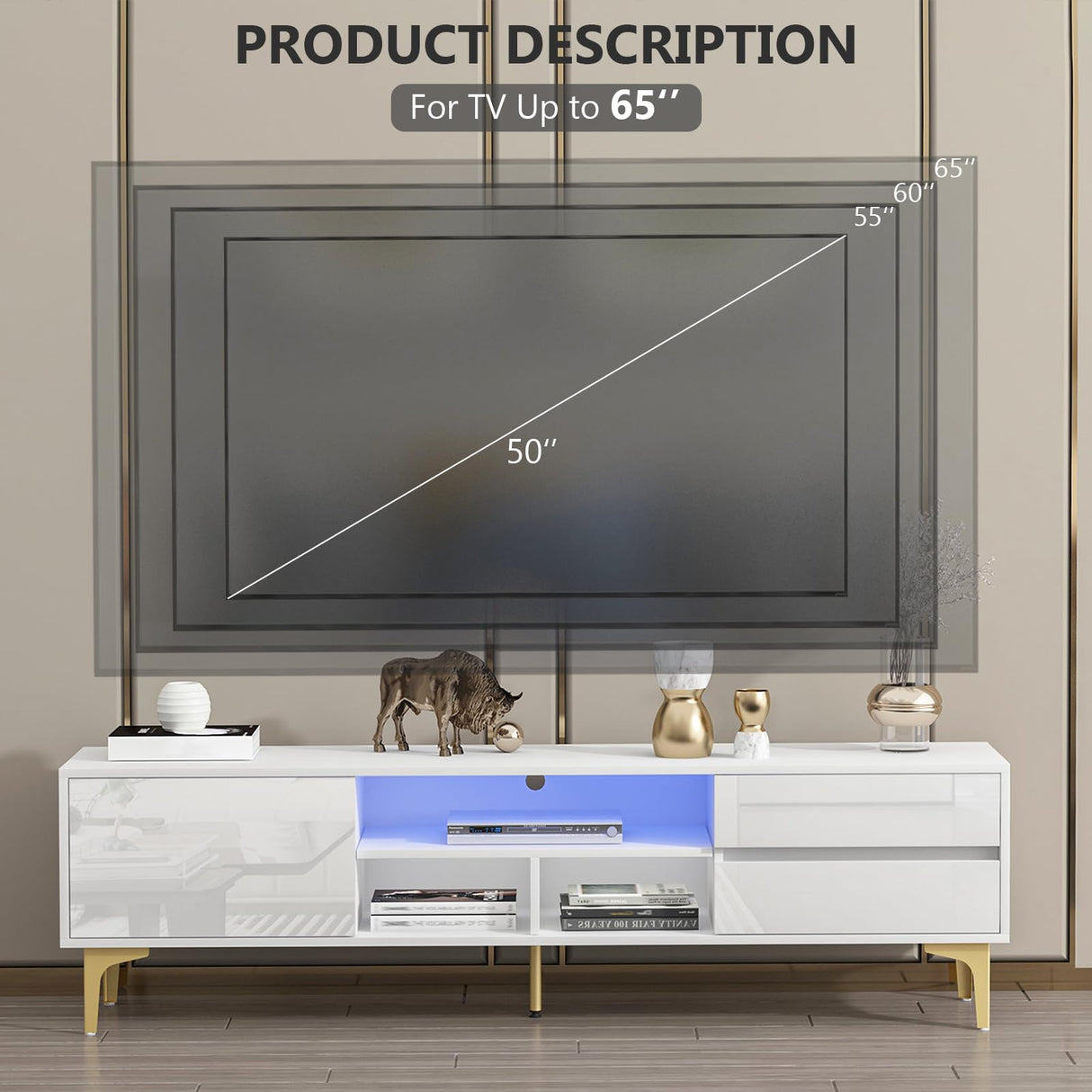 White LED TV Cabinet for Up to 65 Inch TVs Television Entertainment Center TV