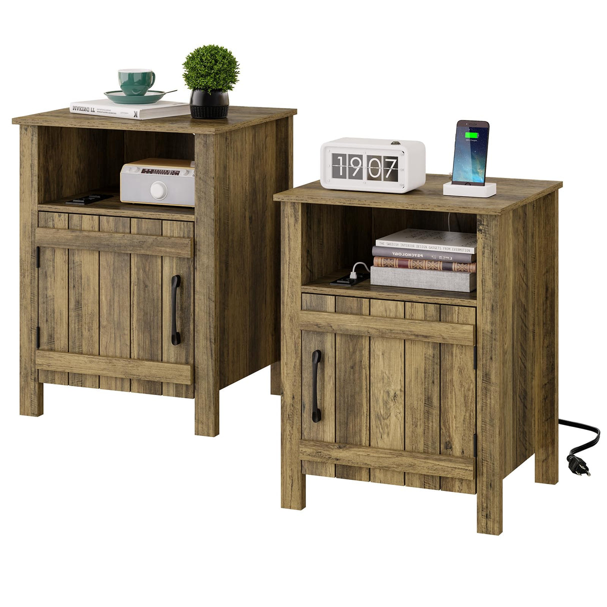 RRX Night stand Set of 2 Farmhouse End Table with Charging Station