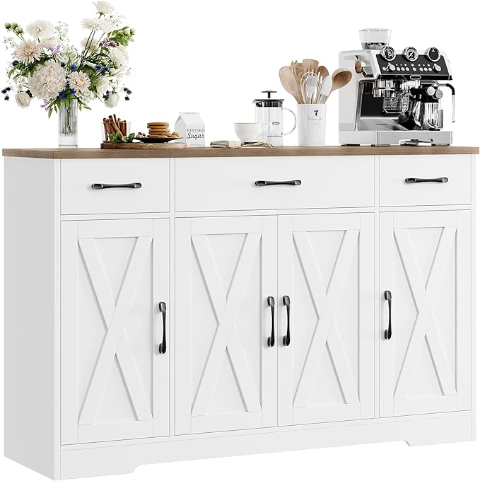 Buffet Sideboard Cabinet with Drawers, 55" Large Buffet Storage Cabinet with Shelves and Doors, Modern Farmhouse Coffee Bar Cabinet Wood Buffet Table for Kitchen, Dining Room, White/Black