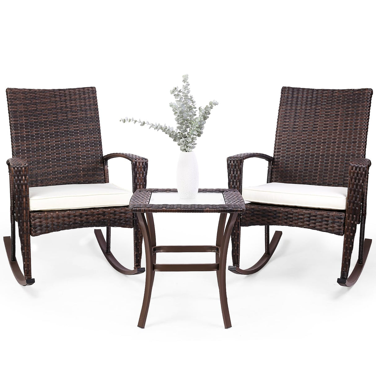 3 Piece Wicker Rocking Chair Patio Furniture Sets, Outdoor Wicker Bistro Rattan Chair