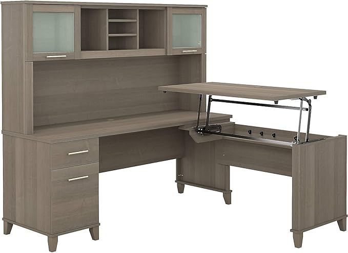 Somerset 3 Position Sit to Stand L Shaped Desk with Hutch in Ash Gray