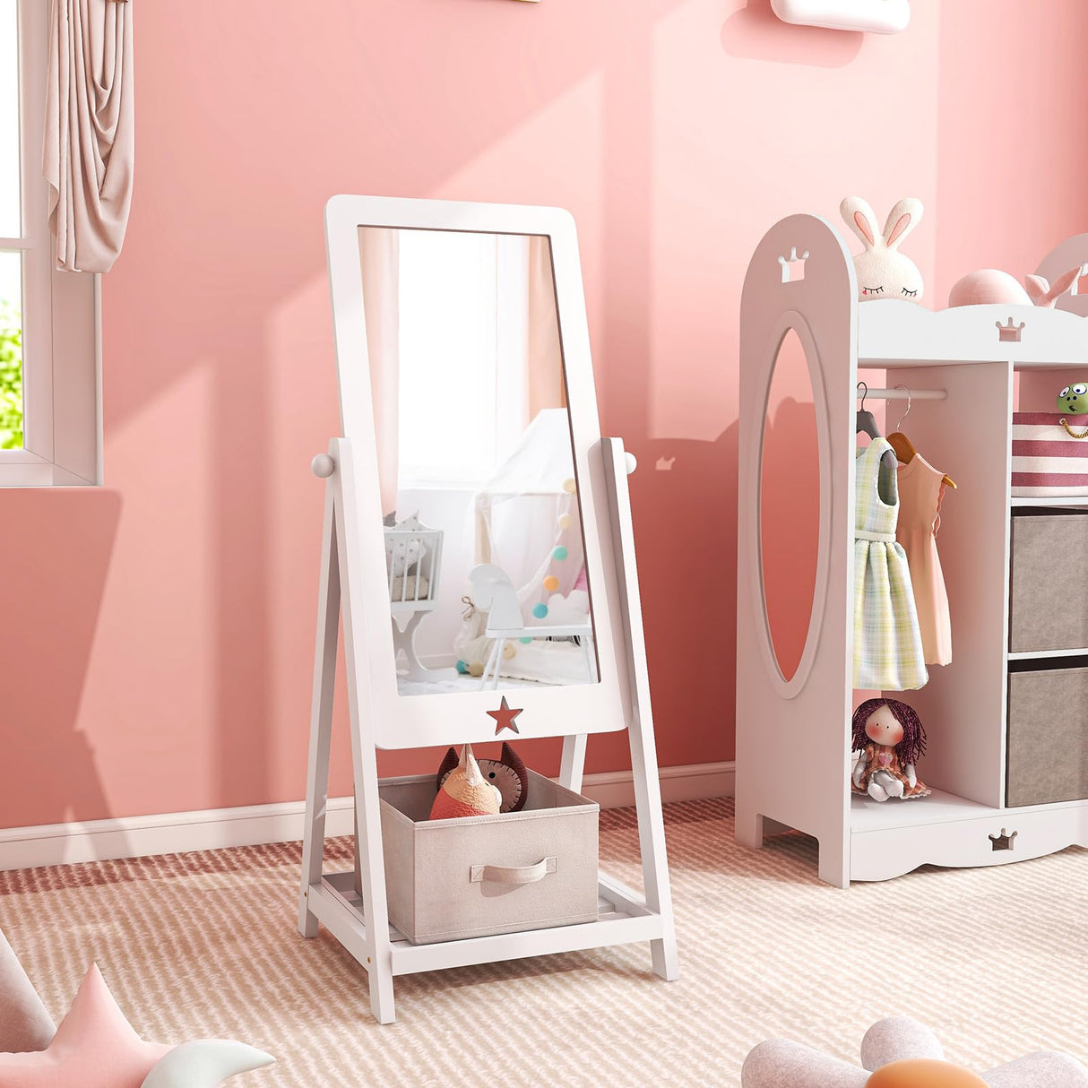 Kids Full Length Mirror, Princess Floor Free Standing Mirror w/Storage Shelf & Basket