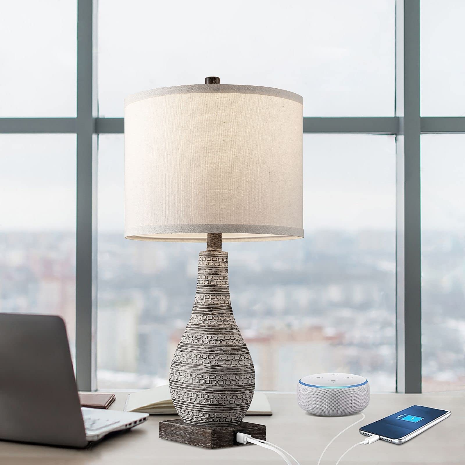 3-Way Touch Control 24'' Poly Table Lamp Set of 2 with USB Ports