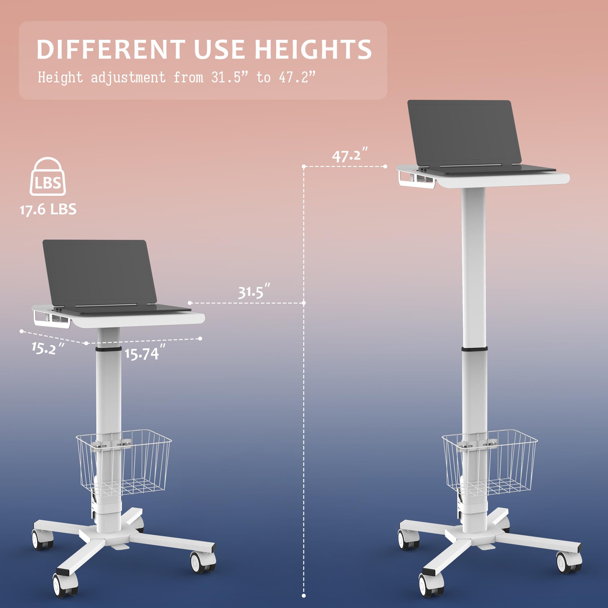 TUILUN Adjustable Height Portable Laptop Desk with Wheels,White Computer Cart on Wheels,Standing Mobile Desk Workstation, Utility Medical Cart
