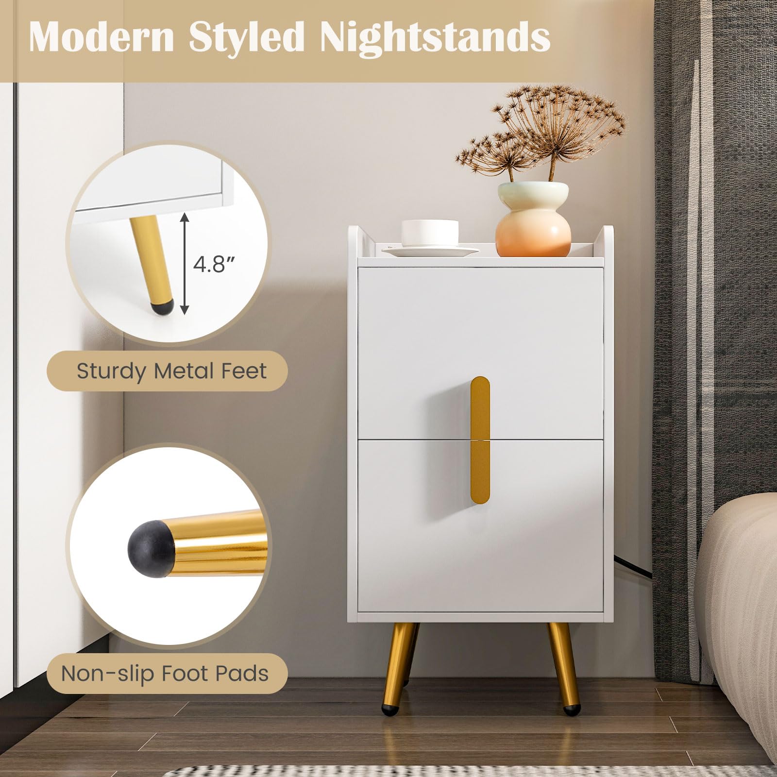 Nightstand with Charging Station, Narrow End Table with 2 Drawers & Metal