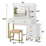 Desk with Mirror and 10 LED Lights, White Makeup Vanity with 5 Drawers, 3 Lighting Modes Makeup Desk, Madeup Table for Bedroom