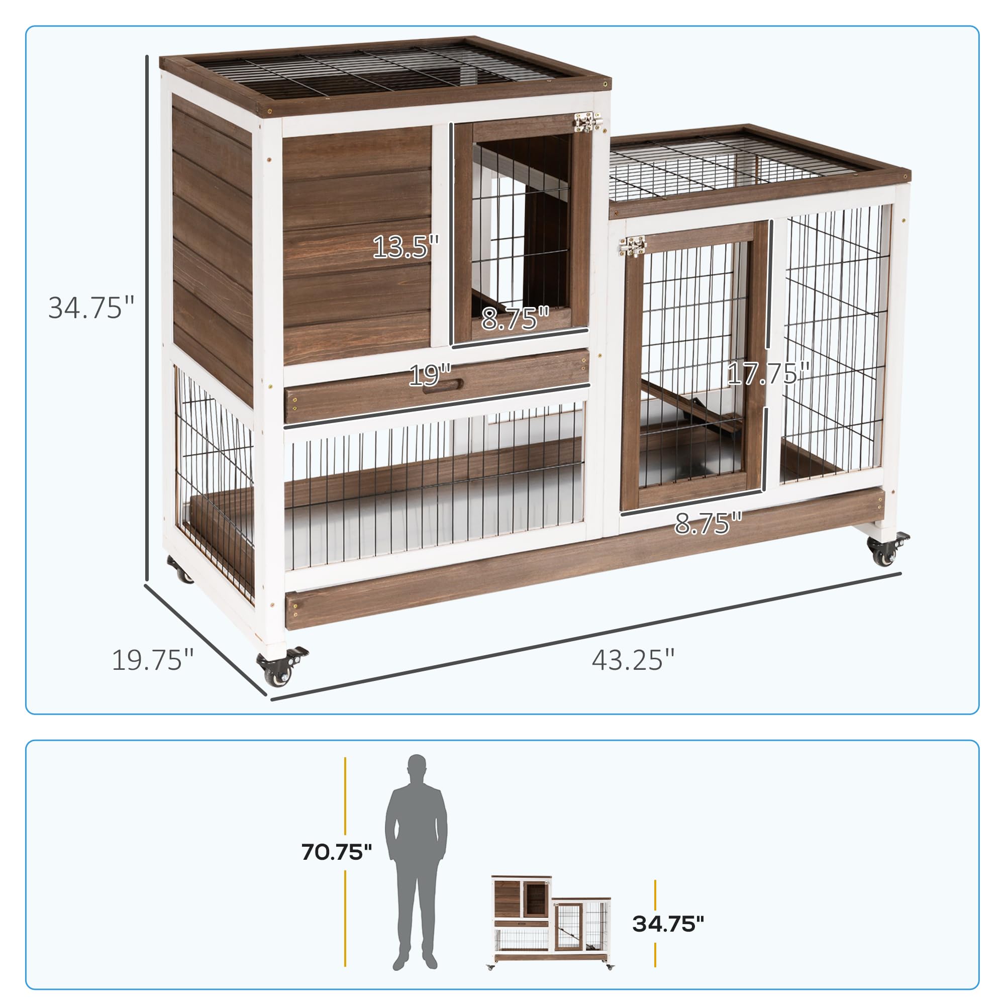 PawHut Wooden Rabbit Hutch Elevated Bunny Cage Indoor Small Animal Habitat with Enclosed Run with Wheels, Ramp, Removable Tray Ideal for Guinea Pigs, Brown