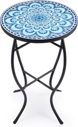 Mosaic Side Table and Plant Stand, 21" Round End Table with 14" Ceramic Tile Top