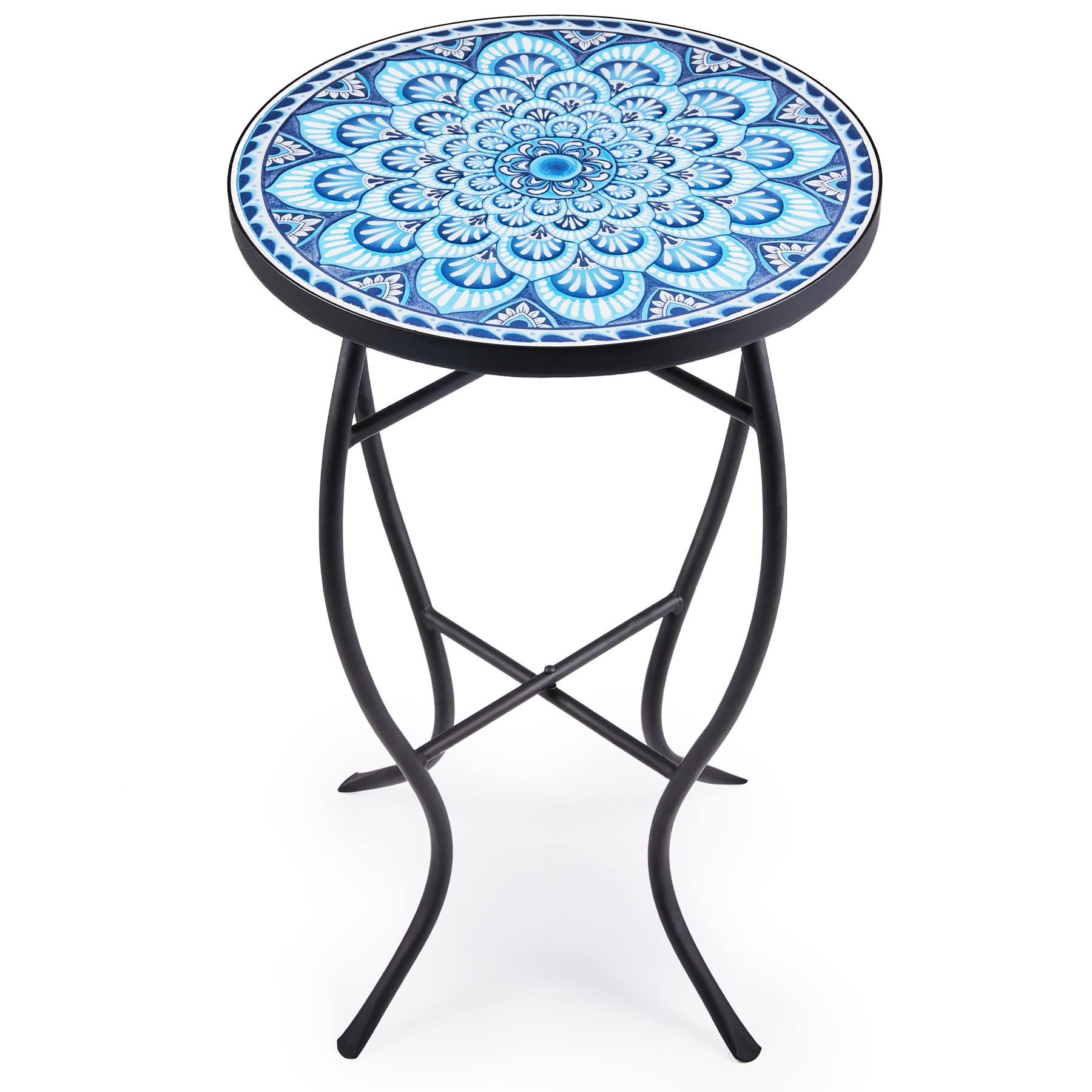 VONLUCE Mosaic Side Table and Plant Stand, 21" Round End Table with 14" Ceramic Tile Top, Indoor & Outdoor Accent Table, Porch Patio Furniture, Entryway & Coffee Table for Home & Garden, Blue Mandala - Bircata