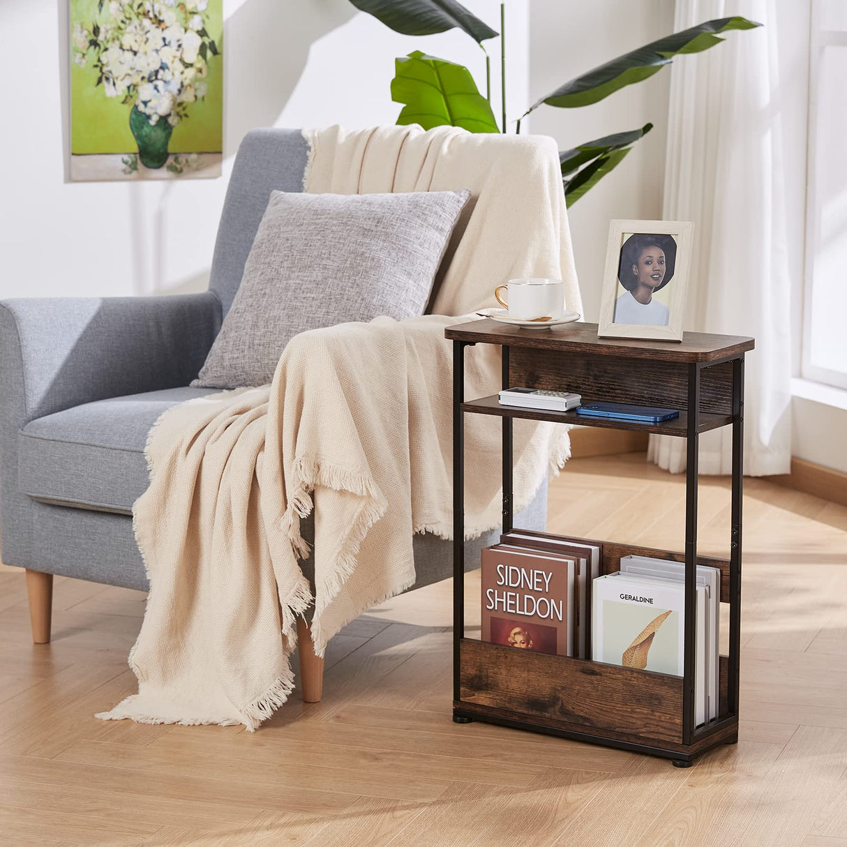 Side Table with Storage Shelf, 3 Tier Long End Table Slim Sofa Table for Narrow