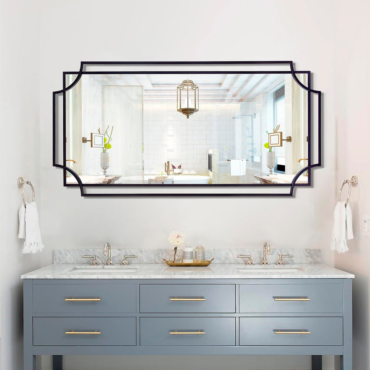 55" x 28" Large Rectangular Wall Mirror - Black Scalloped Frame