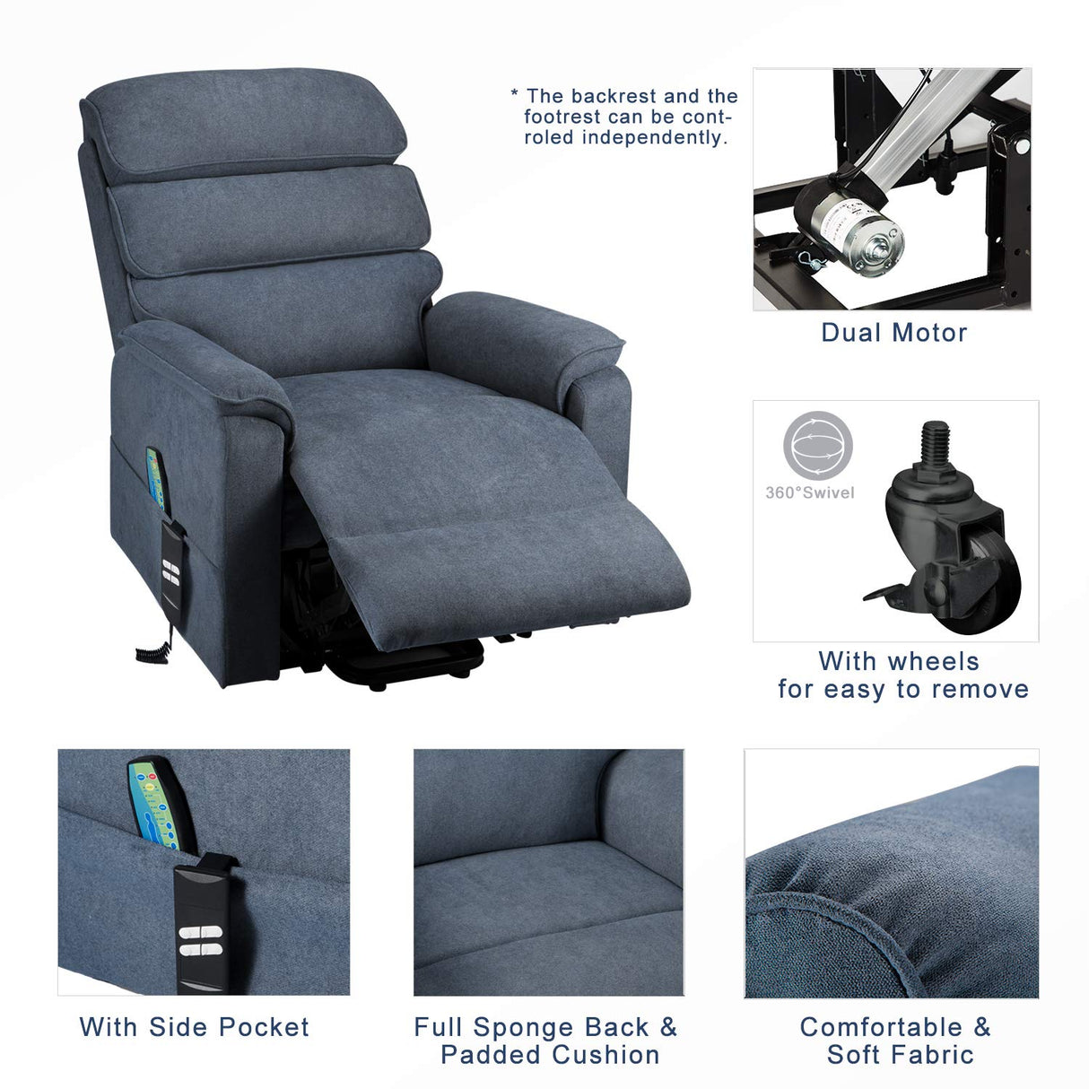 Motor Electric Power Recliner Lift Chair Linen Fabric Electric Recliner for Elderly, Heated Vibration Massage Sofa with Side Pockets & Remote Control, Gray-Blue