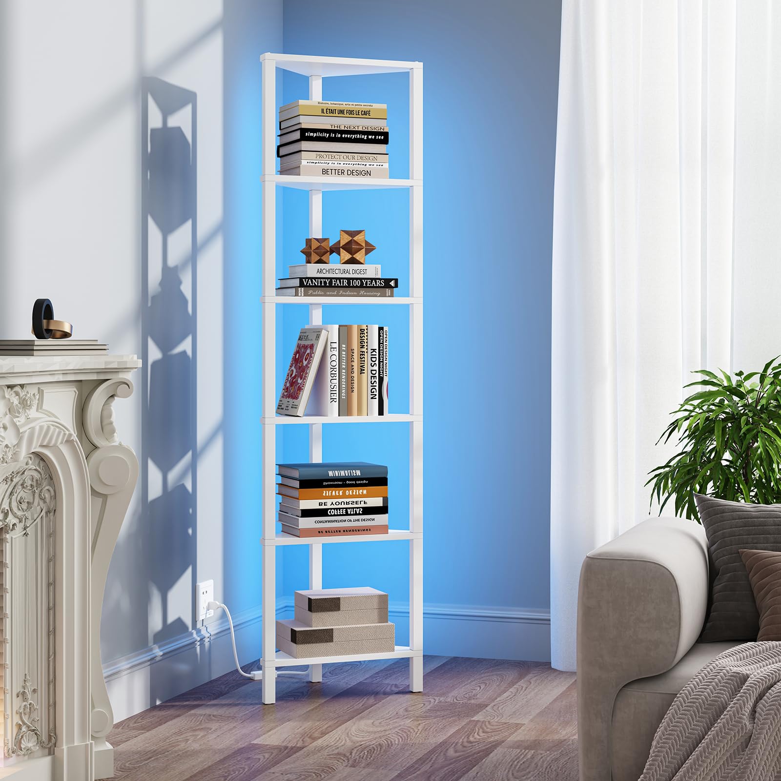 Corner Shelf with LED Light, 6-Tier Corner Bookshelf for Small Space, Narrow Display C