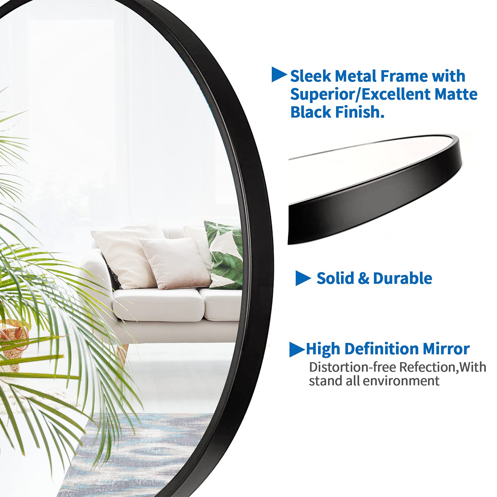 42" Large Round Mirror Circle Wall Mirror, Black Metal Framed Huge Farmhouse Hanging