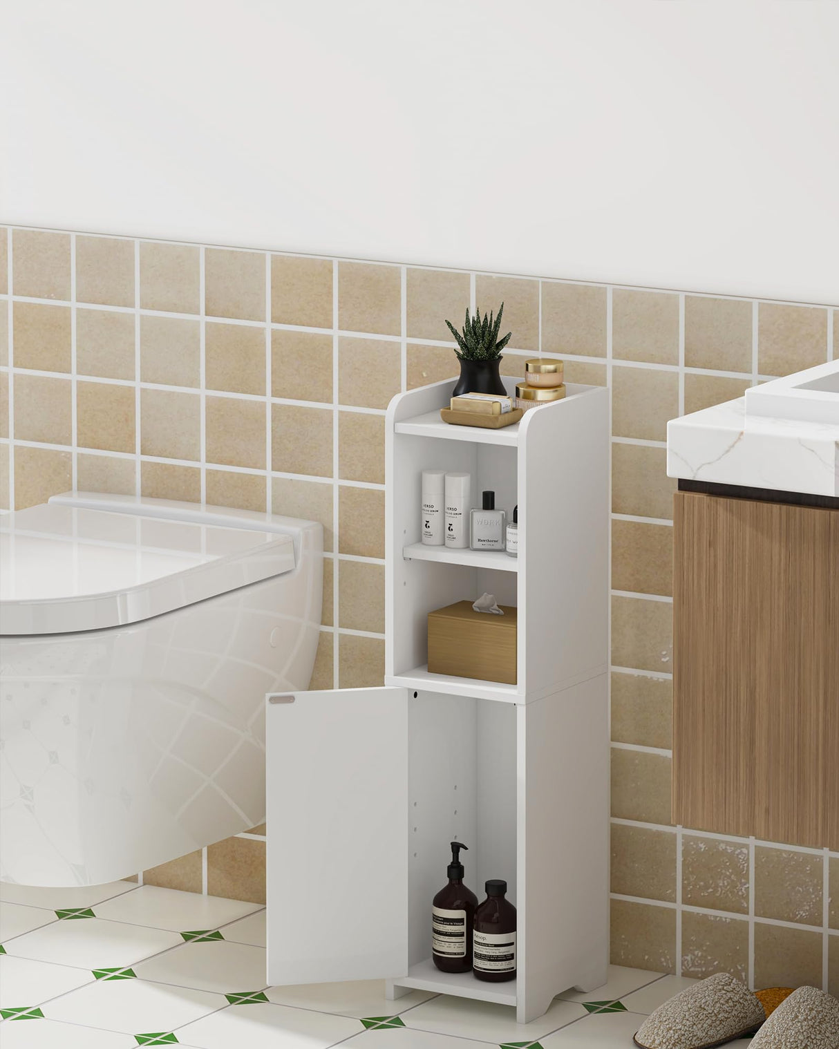 Bathroom Storage Cabinet, Corner Floor Cabinet with Doors and Adjustable Shelf, Narrow