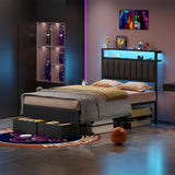 Full Size Bed Frame with Charging Station and LED Lights