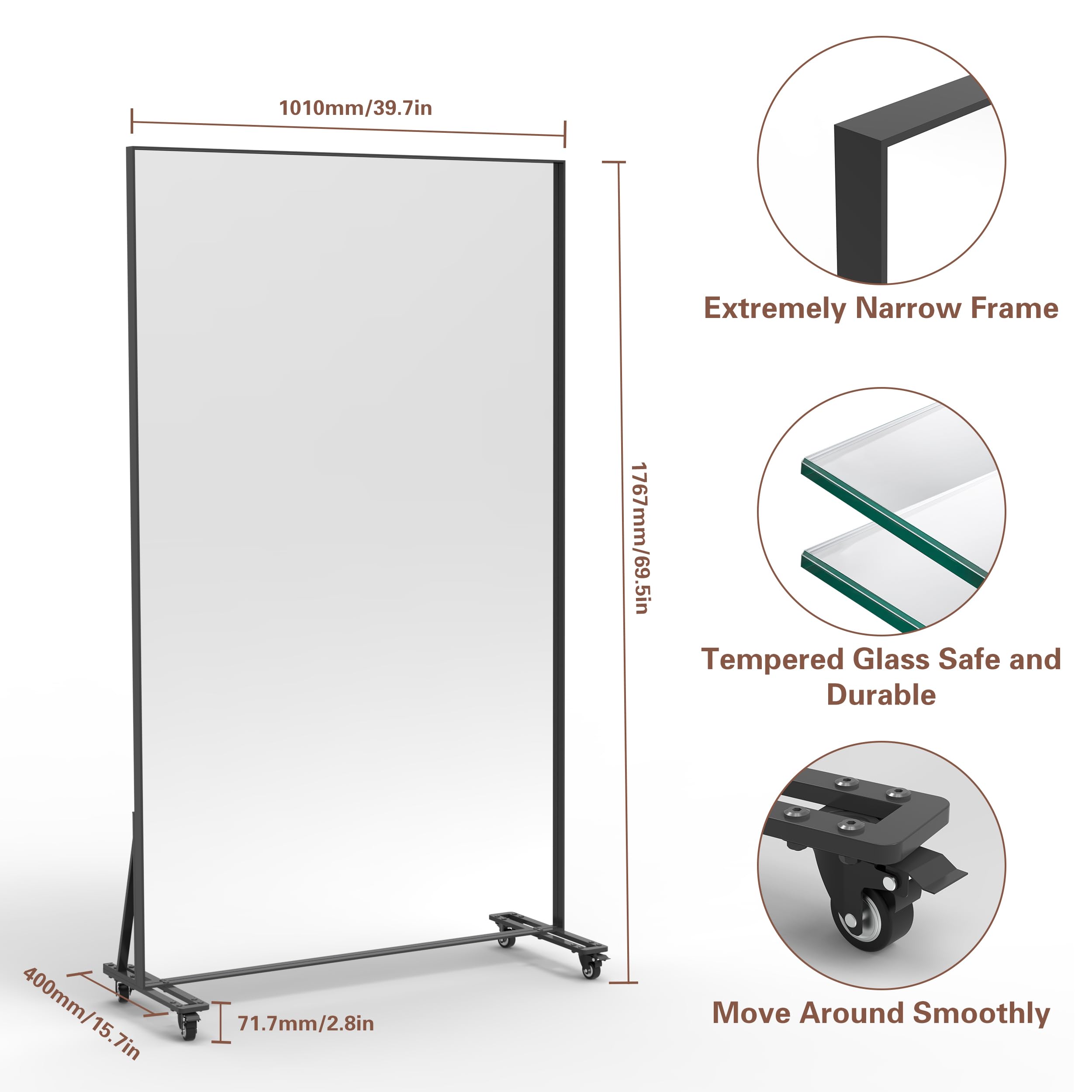 Full Length Mirror with Wheels - 360° Swivel Rolling Floor Mirror