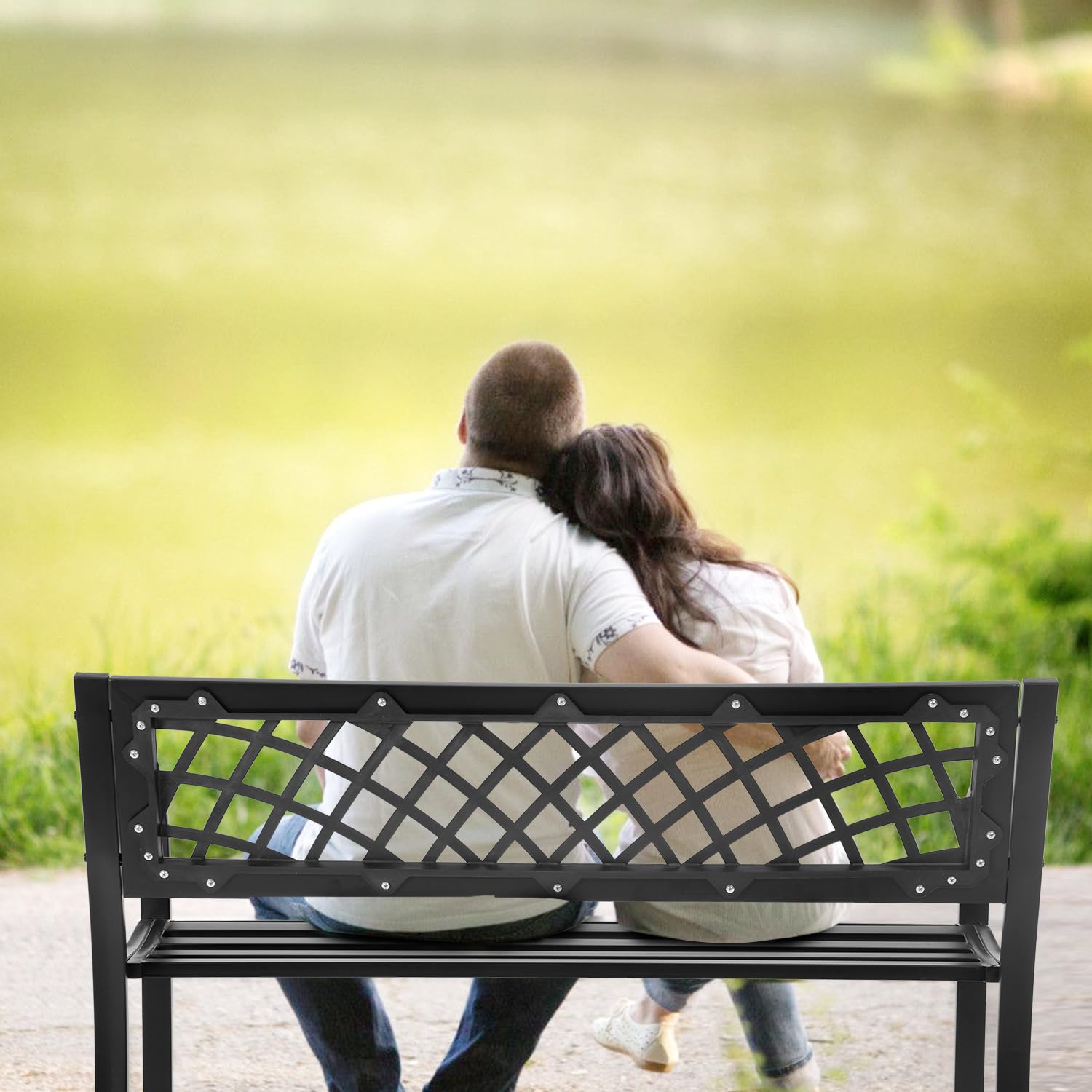 Outdoor Garden Bench,Iron Steel Frame Patio Bench with Mesh Pattern and Plastic Backrest Armrests for Porch